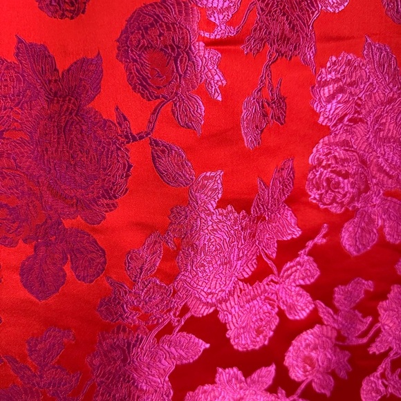 CARYN LAWN Asher Floral Jacquard Puff Sleeve Mini Dress Metallic Red Pink OS - Picture 14 of 15